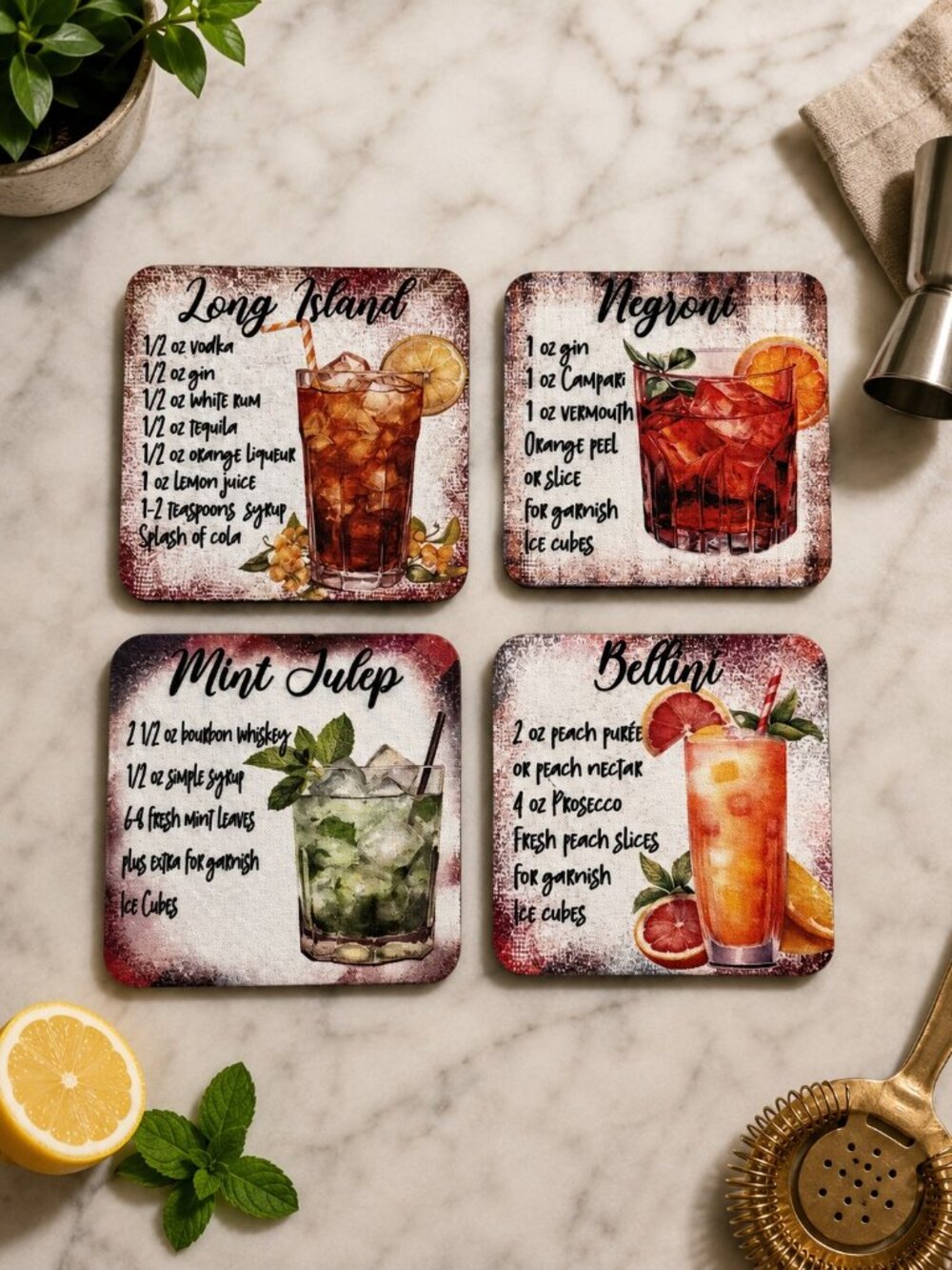 NWT Vintage Cocktail Recipe Neoprene Coaster Set of 4 | Fun Bar Drink Coasters